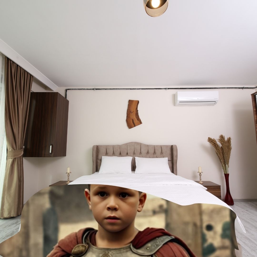 Upload a boy's photo to create a personalized gladiator portrait on a blanket, where he’s dressed as a fierce gladiator, standing strong in the arena