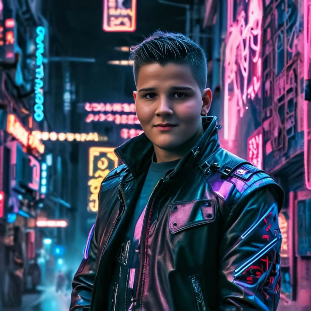 Personalized portrait of a boy dressed as a cyberpunk hero, with neon lights and futuristic gear.