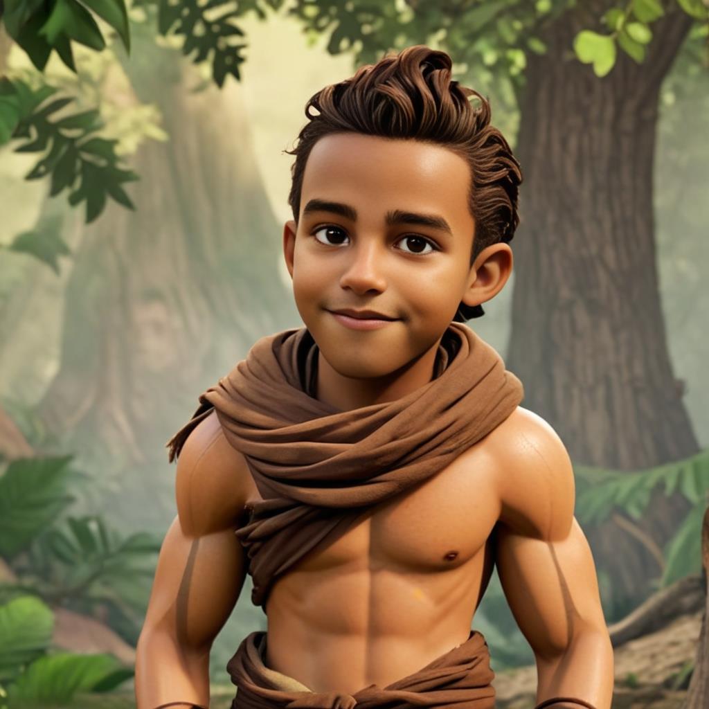 Personalized portrait of a boy dressed as Tarzan, swinging from vines in a jungle