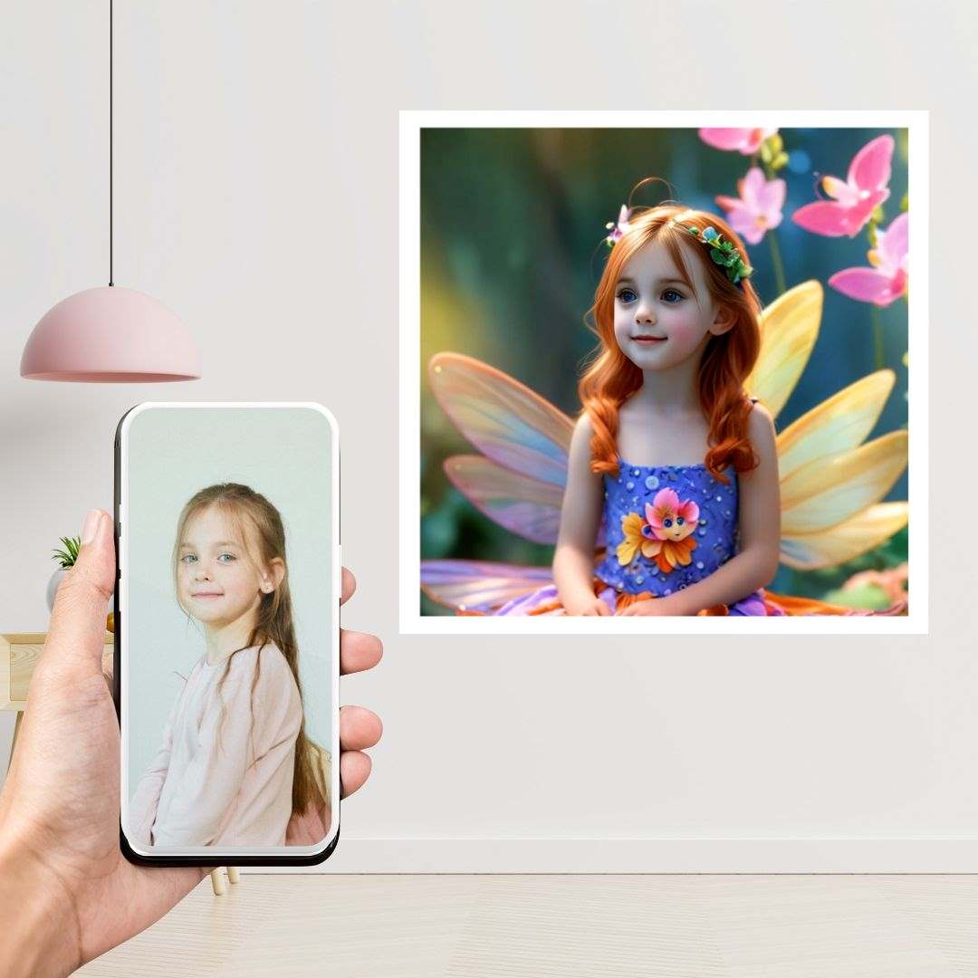 Example of how to upload a girl's photo to create a personalized fairy portrait on a canvas featuring her as a fairy in an enchanted forest.