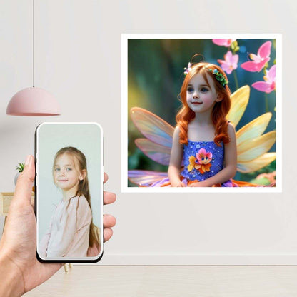 Example of how to upload a girl's photo to create a personalized fairy portrait on a canvas featuring her as a fairy in an enchanted forest.