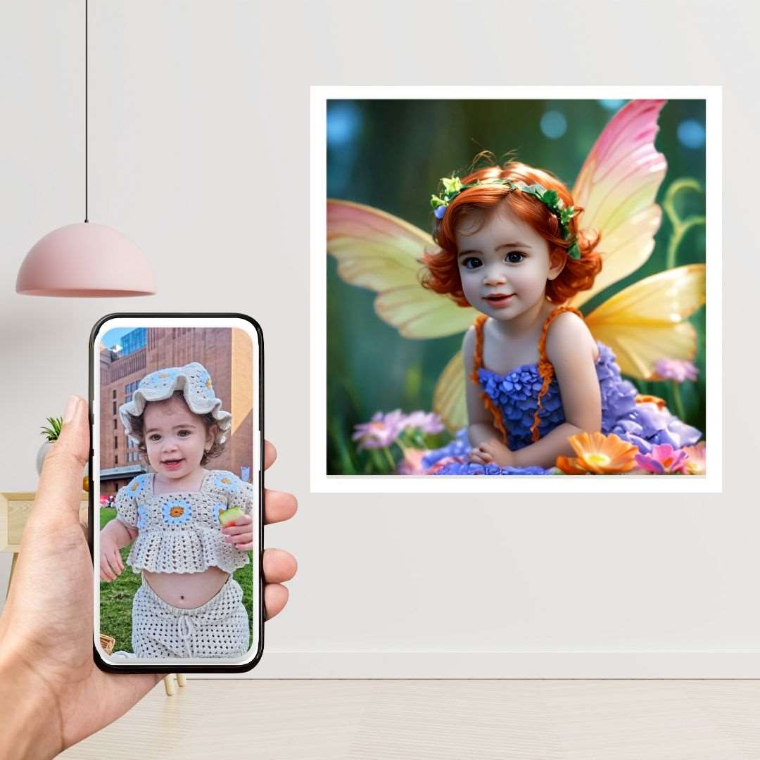 Example of how to upload a toddler girl's photo to create a personalized fairy portrait on a canvas featuring her as a fairy in an enchanted forest.