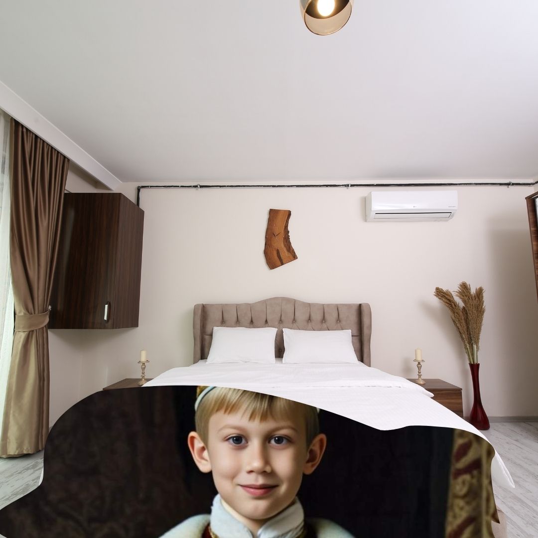 Example of how to upload a boy's photo to create a personalized king portrait on a blanket featuring him dressed as a king on a grand throne.