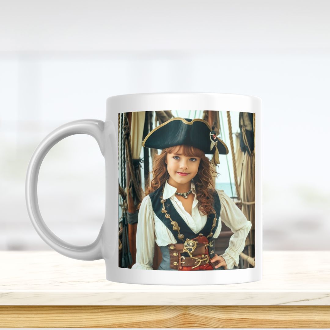 Example of how to upload a girl's photo to create a personalized pirate portrait on a mug featuring her dressed as a pirate on a ship deck