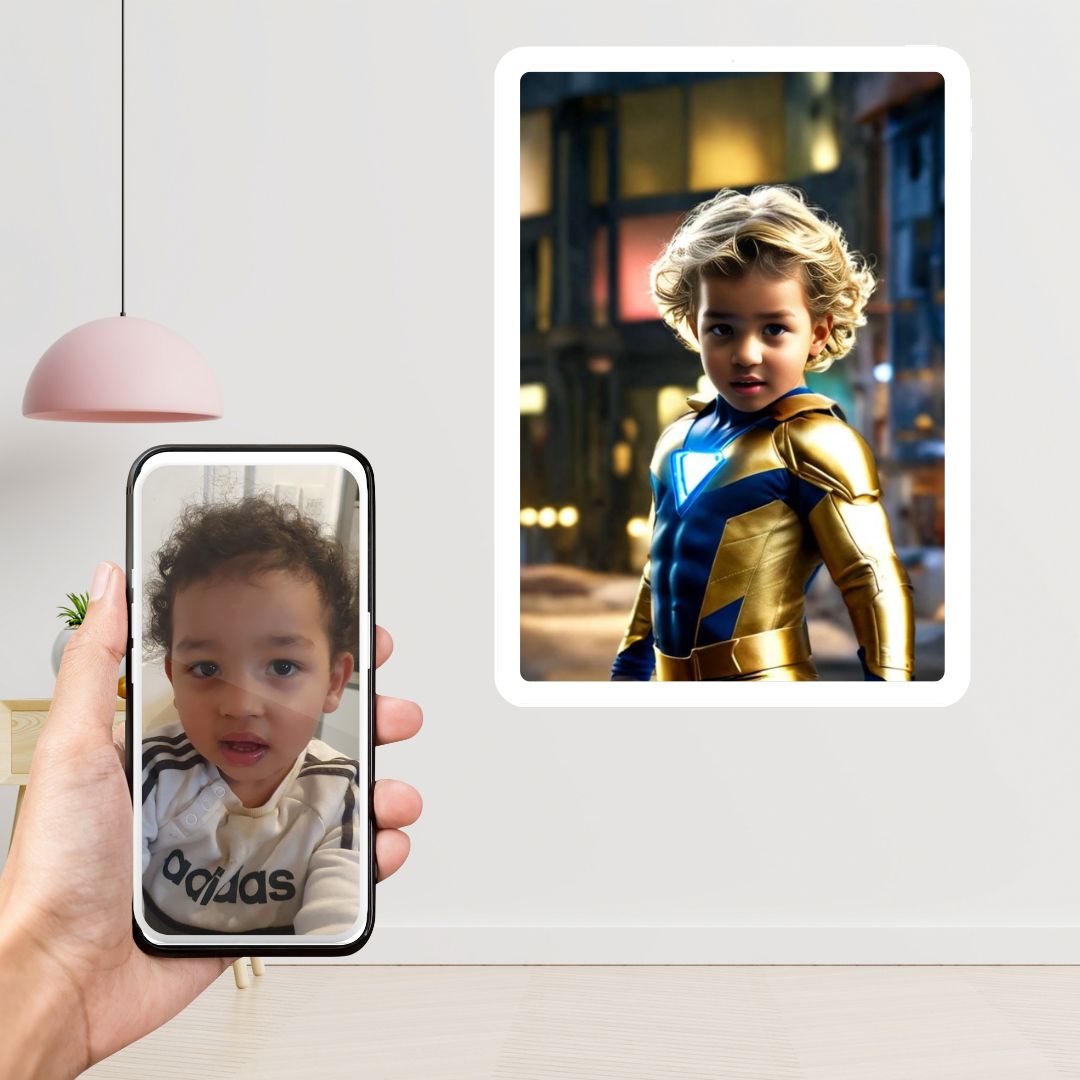 Example of how to upload a toddler boy's photo to create a personalized superhero portrait on a canvas, featuring him dressed as a brave superhero, ready to fight for justice