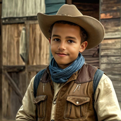 Personalized portrait of a boy dressed as a cowboy on a desert ranch
